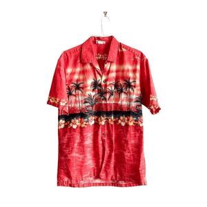 Winnie Fashion Mens Floral Sunset Short Sleeve Button Up Hawaiian Shirt Red XL